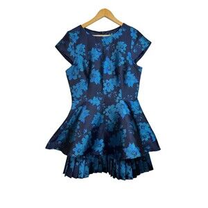 Lulus Navy Blue Satin Mini Dress Teal Cap Sleeve Pleated Floral Fit n Fl…